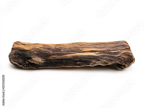 Dried wooden trunk with rough and weathered texture, isolated on white background, ideal for design and material reference photo