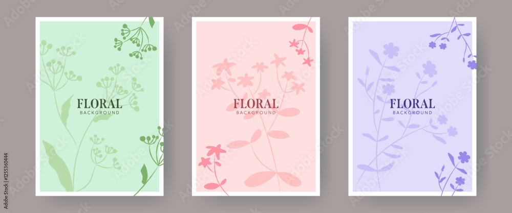 Set of floral backgrounds with hand drawn silhouettes of flowers. Crayon pencil texture, soft pastel colors. Elegant templates for spring, summer designs, greeting card, poster, banner, invitation etc Set of floral backgrounds with hand drawn silhouettes of flowers. Crayon pencil texture, soft pastel colors. Elegant templates for spring, summer designs, greeting card, poster, banner, invitation etc