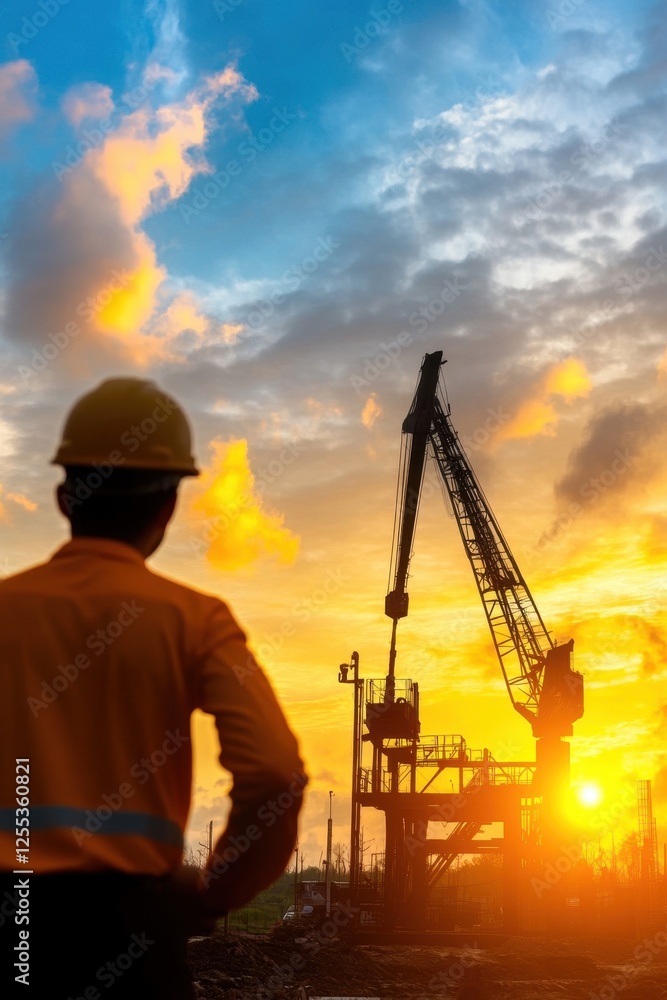 Worker Silhouette Against Crane and Sunset Sky at Construction Site Worker Silhouette Against Crane and Sunset Sky at Construction Site