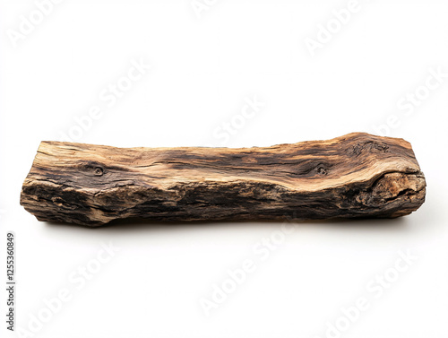 Dried wooden trunk with rough and weathered texture, isolated on white background, ideal for design and material reference photo