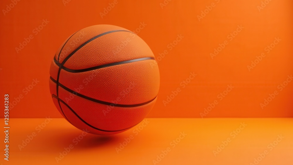 A vibrant orange backdrop highlights a dynamic medium-sized basketball, its texture inviting touch. Positioned slightly off-center, it faces away from the camera, creating an engaging visual tension o A vibrant orange backdrop highlights a dynamic medium-sized basketball, its texture inviting touch. Positioned slightly off-center, it faces away from the camera, creating an engaging visual tension o