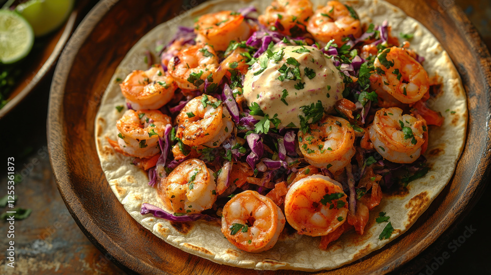 Seafood tacos with fresh slaw and lime crema served on a rustic wooden plate Seafood tacos with fresh slaw and lime crema served on a rustic wooden plate