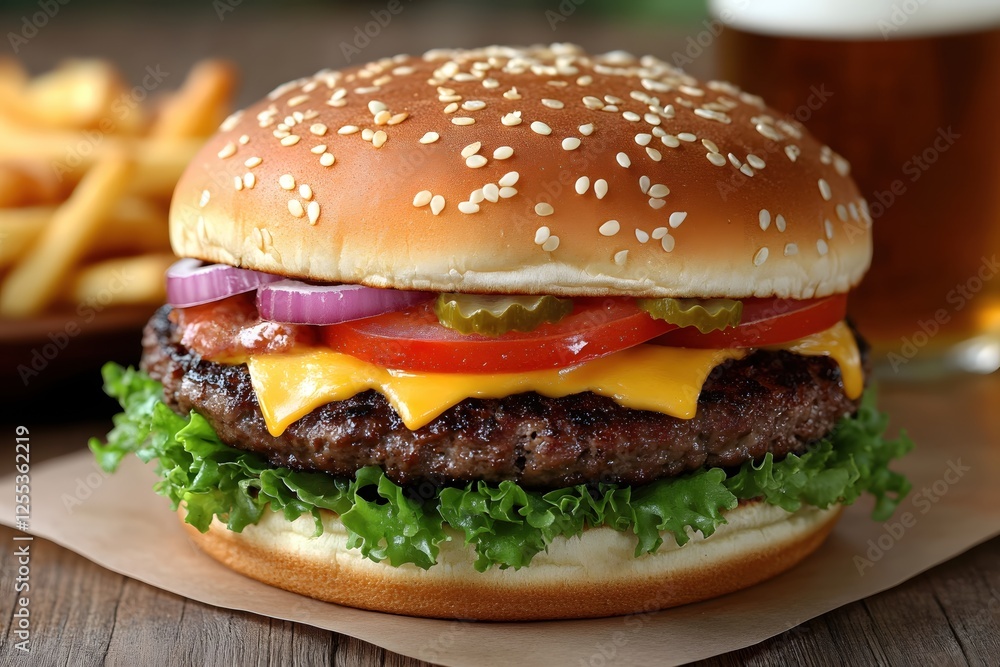 Mouthwatering Gourmet Burger with Fresh Toppings on Rustic Wooden Table a Culinary Delight Mouthwatering Gourmet Burger with Fresh Toppings on Rustic Wooden Table a Culinary Delight