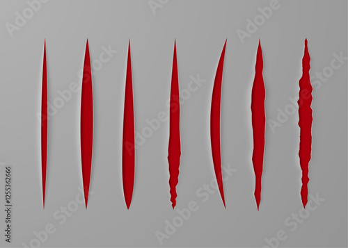 Realistic paper cut with a stationery knife with a red inner side. Vector 3D illustration.