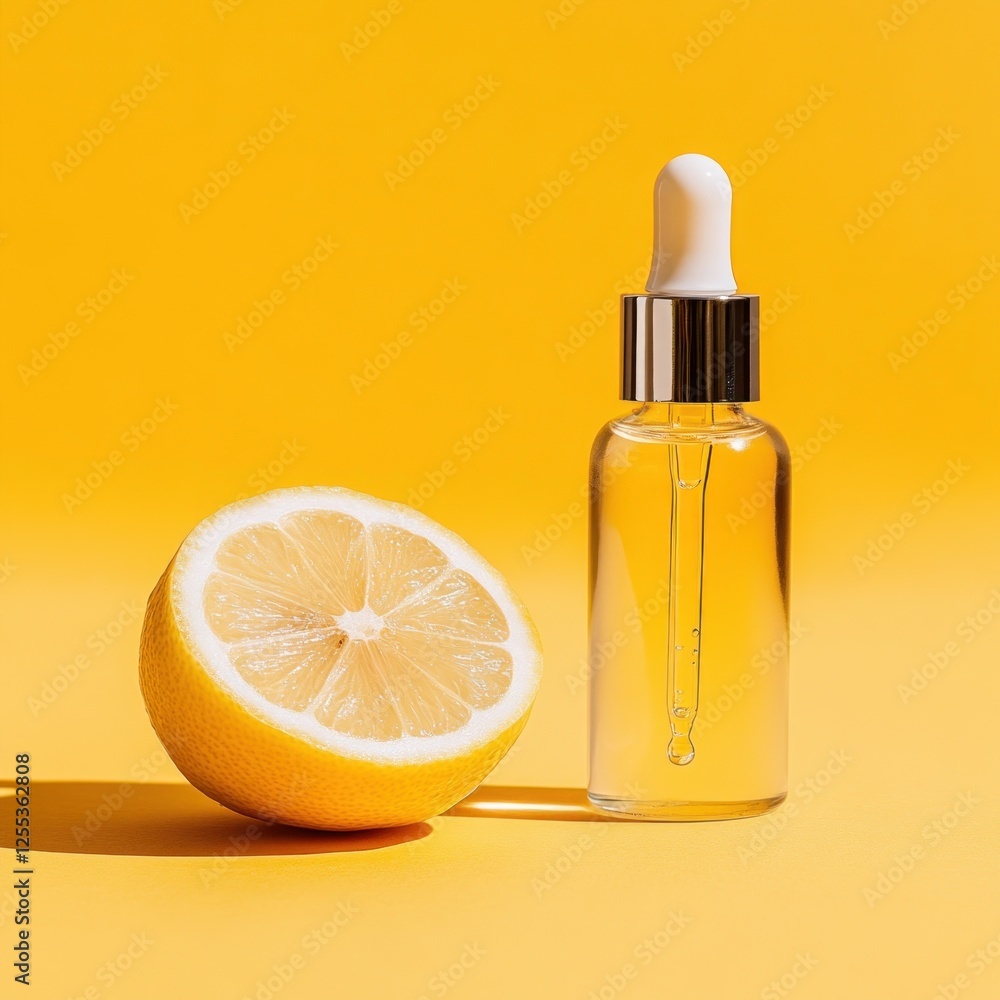 Lemon essential oil bottle, yellow background, skincare Lemon essential oil bottle, yellow background, skincare