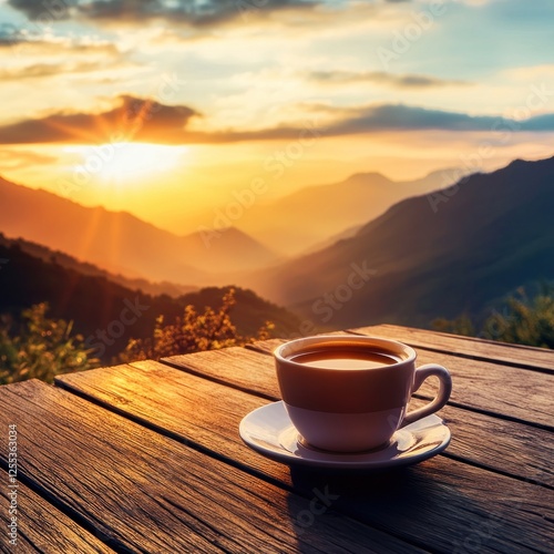 Sunrise coffee mountain view, peaceful morning scene