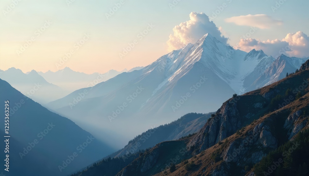 Fototapeta premium Majestic cloud formations against a backdrop of rugged terrain, misty, hillside