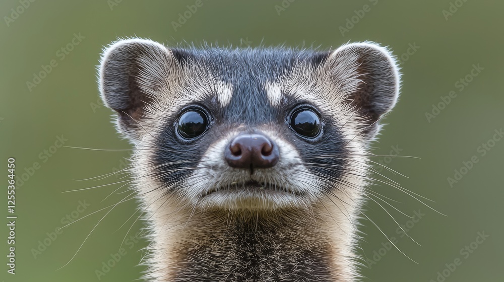 Fototapeta premium Cute raccoon dog portrait, green background, wildlife