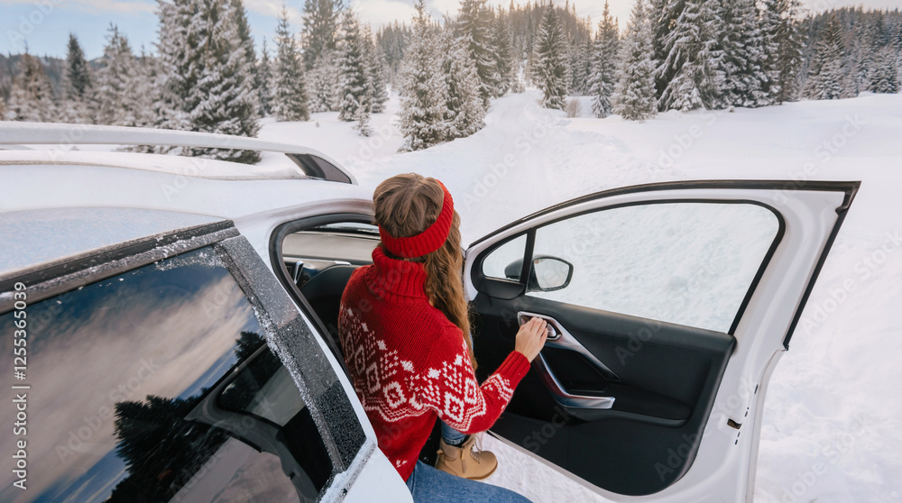 Woman Getting out of Car in Snowy Winter Forest