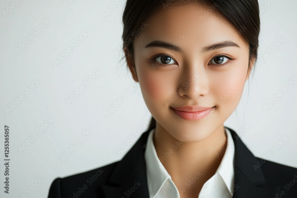 A young beautiful woman in a suit, smiling and looking at the camera, is isolated on a white background A young beautiful woman in a suit, smiling and looking at the camera, is isolated on a white background