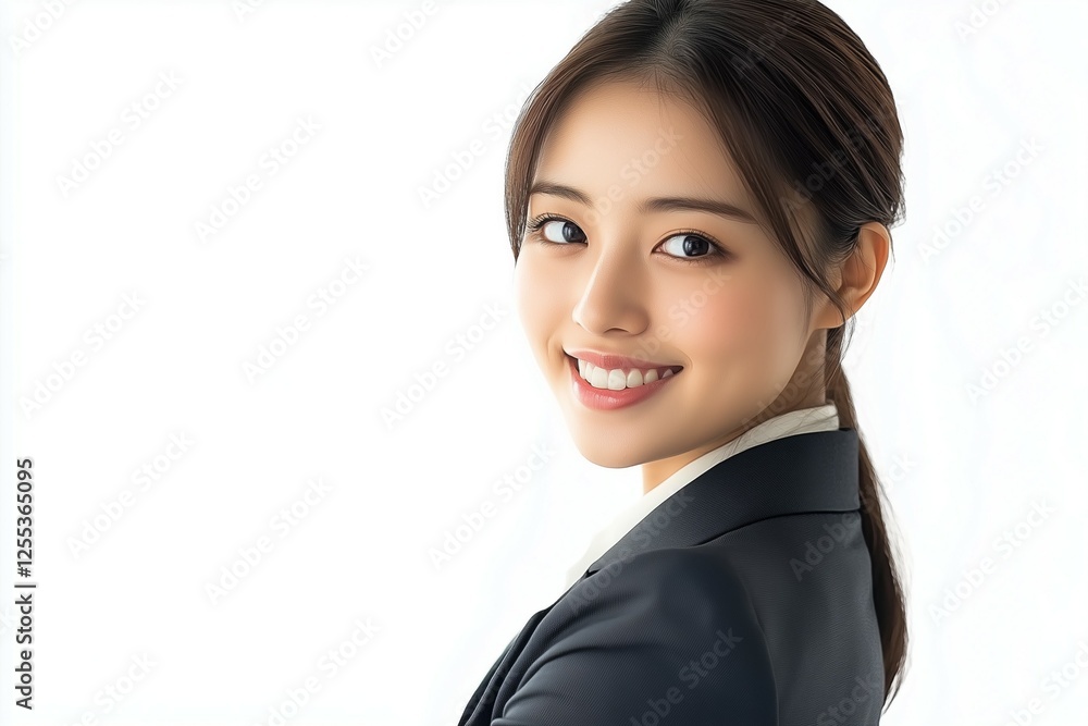 A young beautiful woman in a suit, smiling and looking at the camera, is isolated on a white background A young beautiful woman in a suit, smiling and looking at the camera, is isolated on a white background