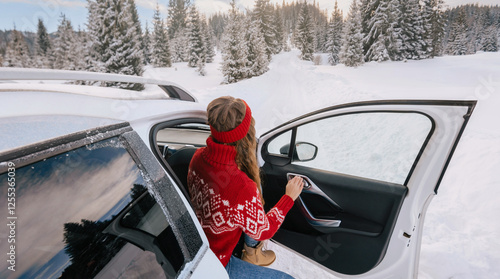 Obraz na płótnie Woman Getting out of Car in Snowy Winter Forest w salonie