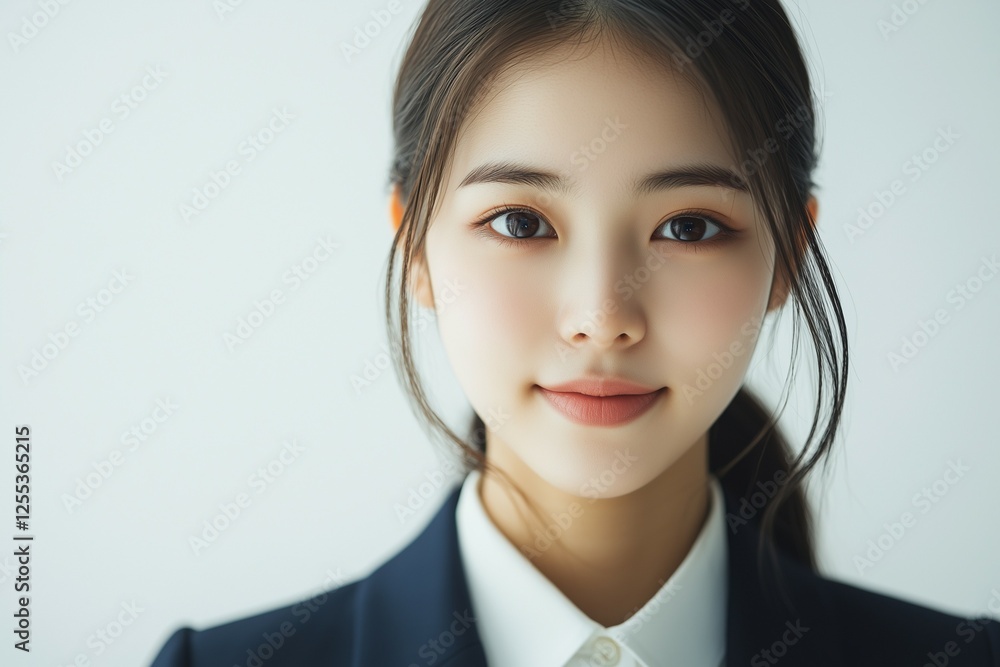 A young beautiful woman in a suit, smiling and looking at the camera, is isolated on a white background A young beautiful woman in a suit, smiling and looking at the camera, is isolated on a white background
