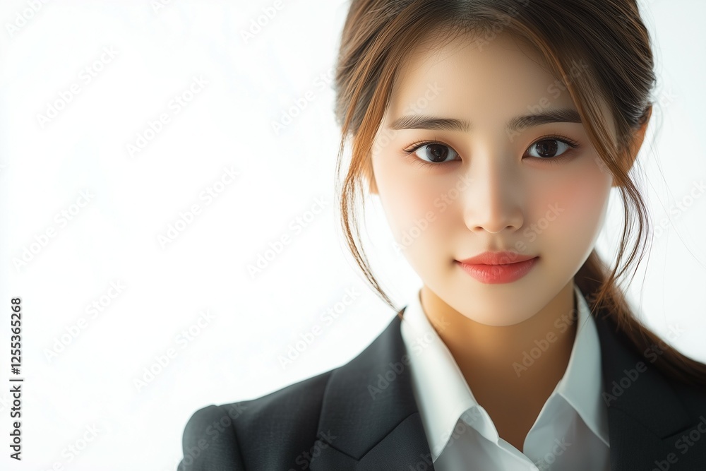 A young beautiful woman in a suit, smiling and looking at the camera, is isolated on a white background