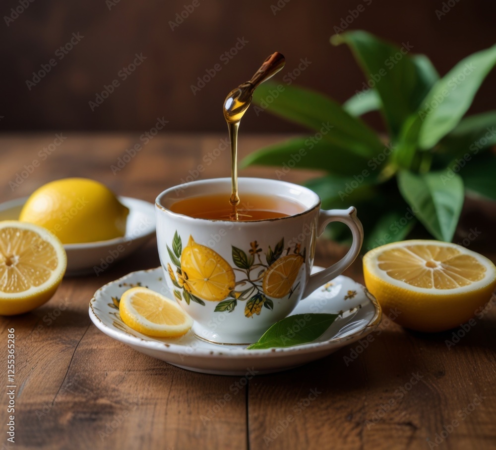 tea with honey and lemon on the table tea with honey and lemon on the table