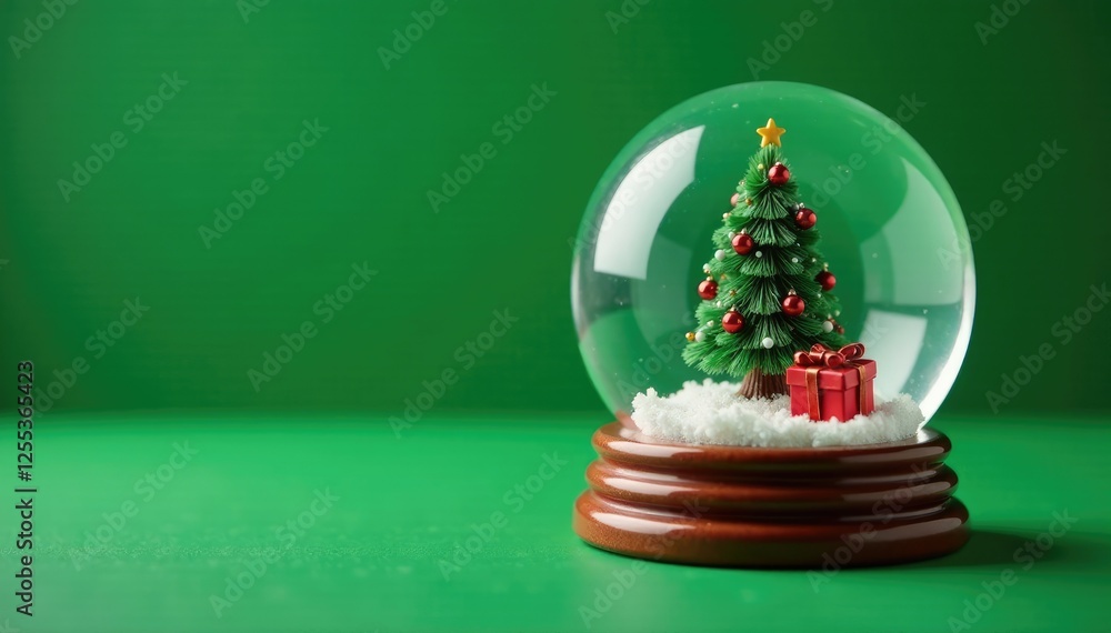 Miniature snow globe with Christmas tree and gift on green background, ornaments, decorations Miniature snow globe with Christmas tree and gift on green background, ornaments, decorations