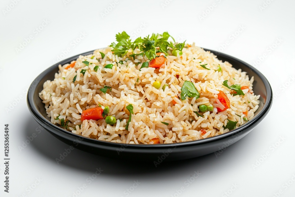 A black plate of fried rice, side view, white isolated background A black plate of fried rice, side view, white isolated background
