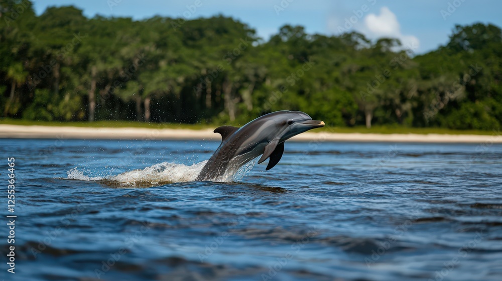 Fototapeta premium A friendly dolphin leaping out of the ocean, water sparkling around it as it catches the sunlight