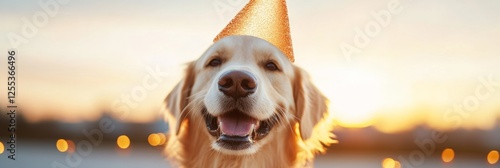 Whimsical Pet Golden Retriever in Glitter Hat with Festive Decor - Modern Lifestyle and Celebration Content for Pet Enthusiasts photo