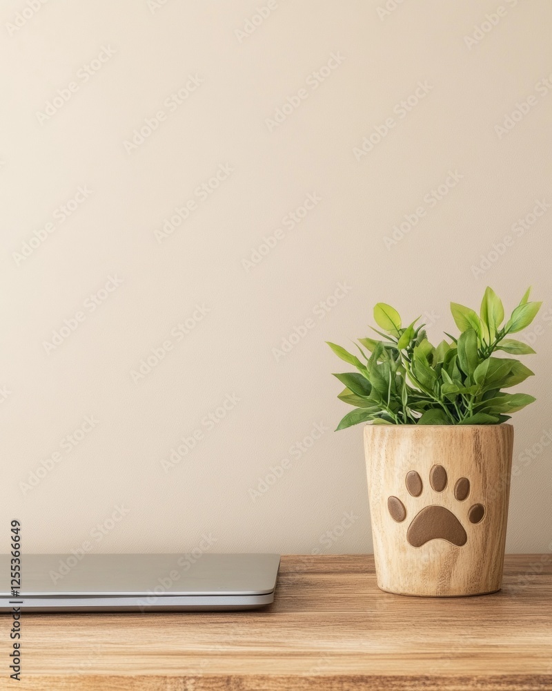 Fototapeta premium Natural Corporate Spaces Minimalist Wooden Desk with Paw Print Planter and Laptop - Promoting Pet-Friendly Wellness in Eco-Conscious Offices and HR Policies