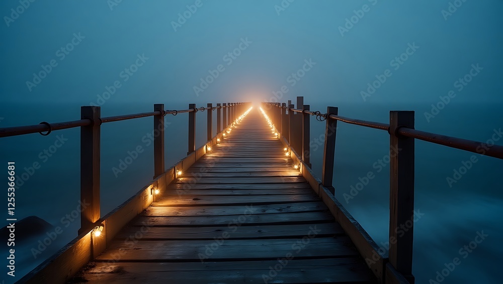 Naklejka premium Long wooden pier extending into foggy sea with glowing lights at dusk