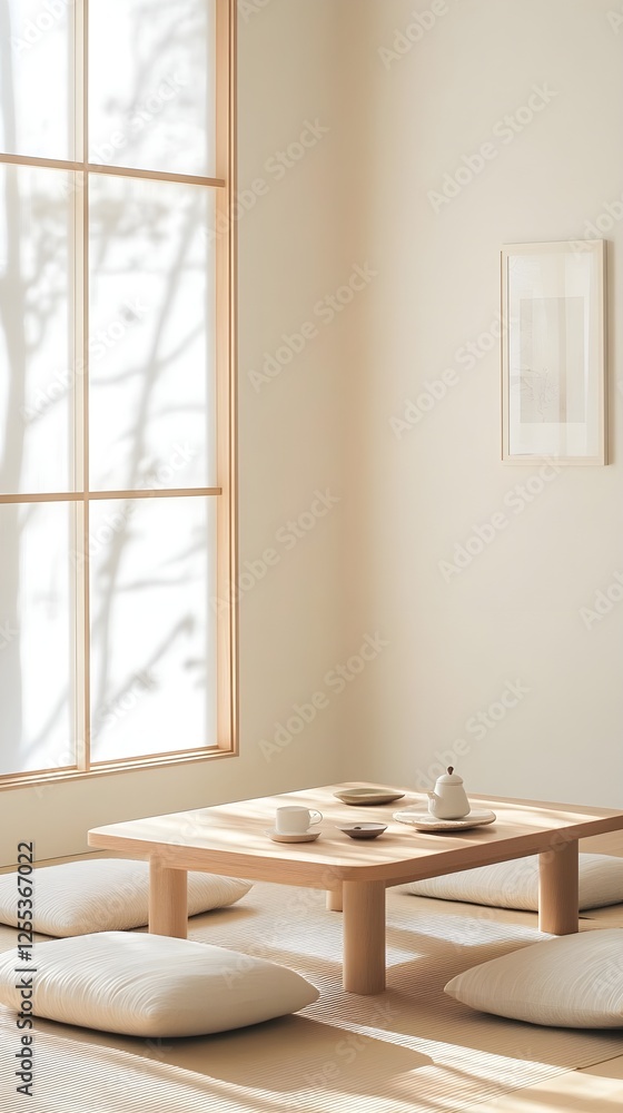 Fototapeta premium A serene tea room with floor cushions, a wooden table, and a white frame in a thin, natural frame.