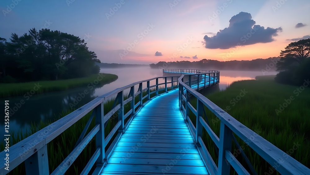Obraz premium Pathway leading to a calm lake during sunset with glowing lights