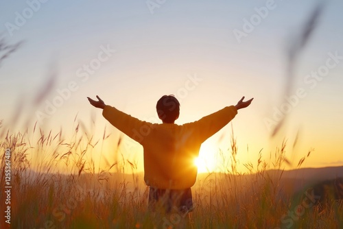 Sunset Silhouette in Nature Youthful Figure in Woolen Sweater on Grassy Meadow - Dynamic Wellness Imagery for Inspirational Branding and Lifestyle Marketing photo