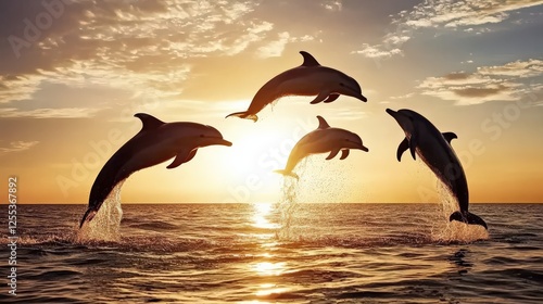 A group of dolphins leaping gracefully out of the ocean, silhouetted against a golden sunset