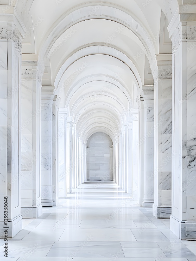 Obraz premium A serene, white marble corridor with an arched ceiling and a perfectly aligned white frame.