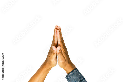 Canvas Print Two hands clasped together in prayer or gratitude on white background