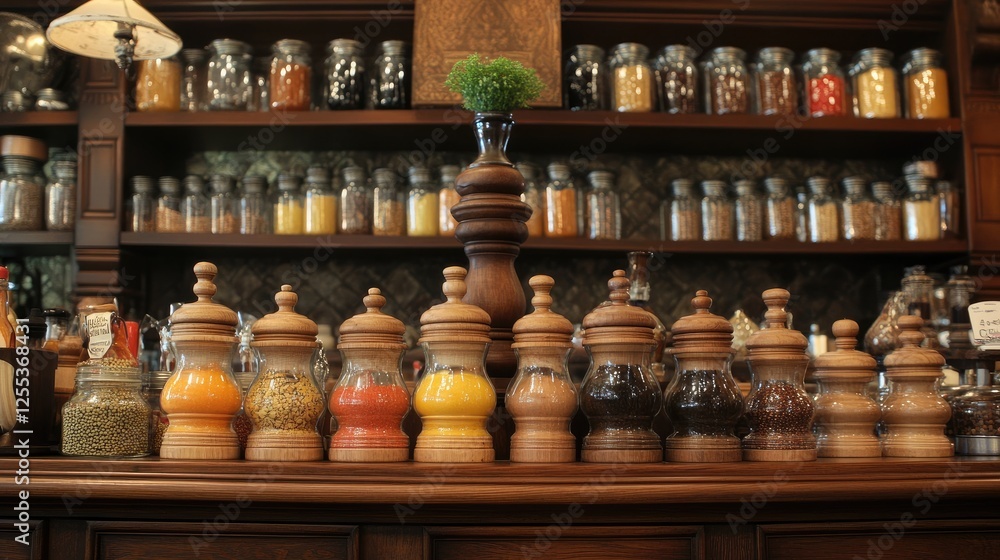 A charming retail counter with handcrafted spice jars, wooden pepper mills, and artisanal olive oils. A charming retail counter with handcrafted spice jars, wooden pepper mills, and artisanal olive oils.