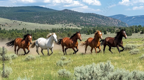 A herd of wild horses galloping freely across an open field, dust kicking up behind them