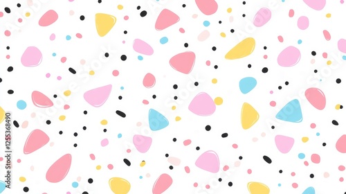 Abstract Pastel Terrazzo Style Background with Organic Shapes and Small Black Dots Pattern