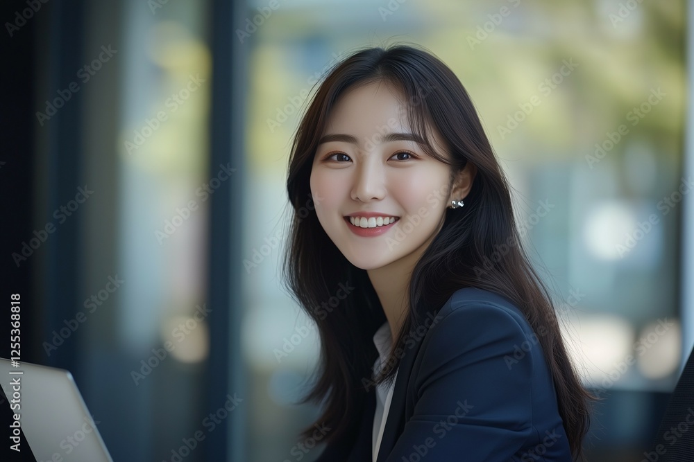 A young woman in business attire is smiling and using a laptop at a desk with a white background A young woman in business attire is smiling and using a laptop at a desk with a white background