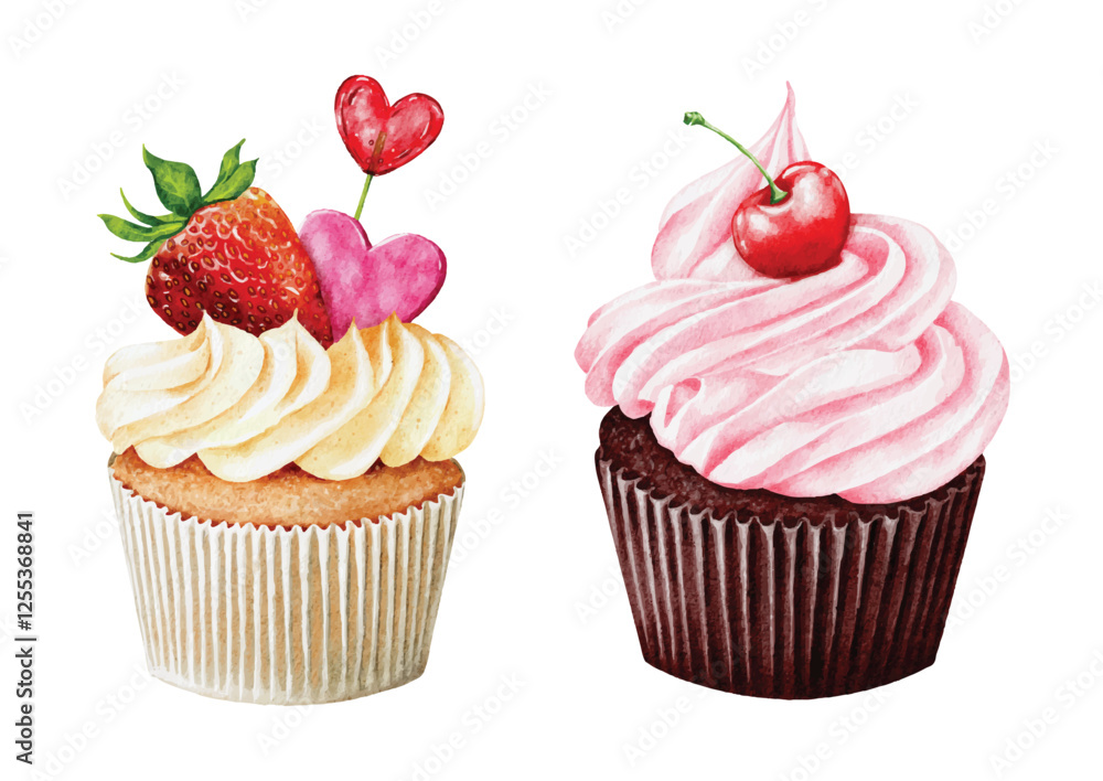 Set of hand-painted watercolor dessert cupcakes Set of hand-painted watercolor dessert cupcakes