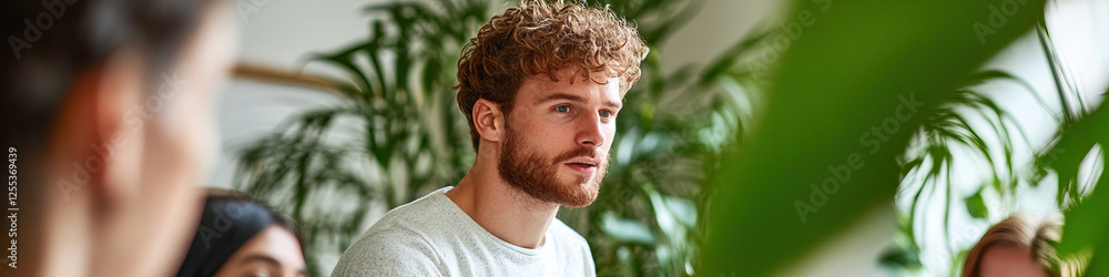 Young Man in Group Setting with Indoor Plants Young Man in Group Setting with Indoor Plants