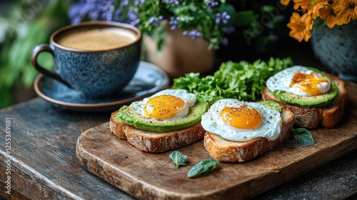 Breakfast scene with avocado toast, poached eggs, and a cup of latte on a wooden table photo