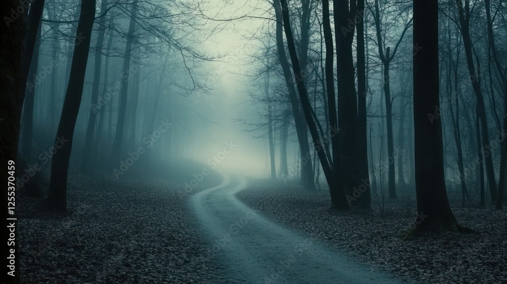 Fototapeta premium Mysterious Foggy Forest Path: A Serene and Eerie Woodland Scene