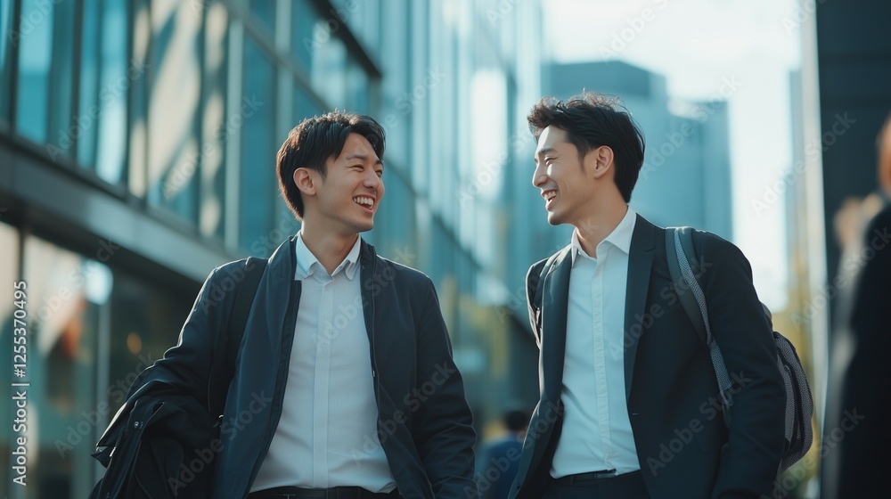 business people are talking to each other on the street near an office building during a work break business people are talking to each other on the street near an office building during a work break