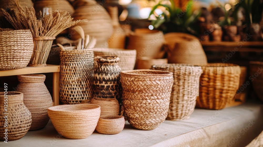 A cozy artisan shop display with handmade pottery and woven baskets, arranged aesthetically with space for text. Warm, inviting tones. A cozy artisan shop display with handmade pottery and woven baskets, arranged aesthetically with space for text. Warm, inviting tones.