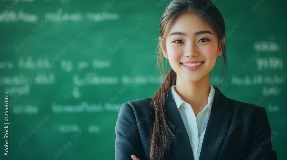 A young female teacher wearing glasses and a beige suit is smiling in front of a green board background, in a photo studio A young female teacher wearing glasses and a beige suit is smiling in front of a green board background, in a photo studio