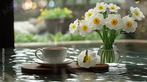 Wallpaper Mural Serene morning coffee scene with white flowers, butterfly, and steaming cup. Perfect for relaxation and tranquility themes.Seamless looping 4k time-lapse Torontodigital.ca