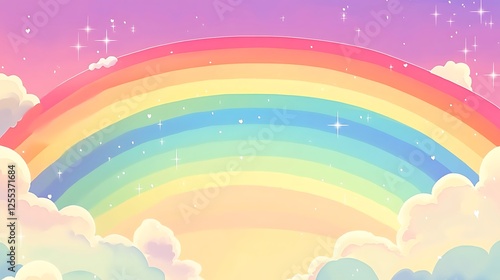 Pastel Rainbow Sky With Fluffy Clouds And Stars