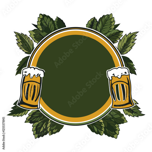 Round green and orange brewery label featuring two beer mugs and hops, creating a vibrant design for the alcohol industry, brewing process, and bar pub settings