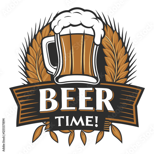 Foamy beer overflowing from a glass mug is surrounded by wheat stalks, embodying the essence of brewery and bar culture, making it the perfect emblem for beer enthusiasts and establishments