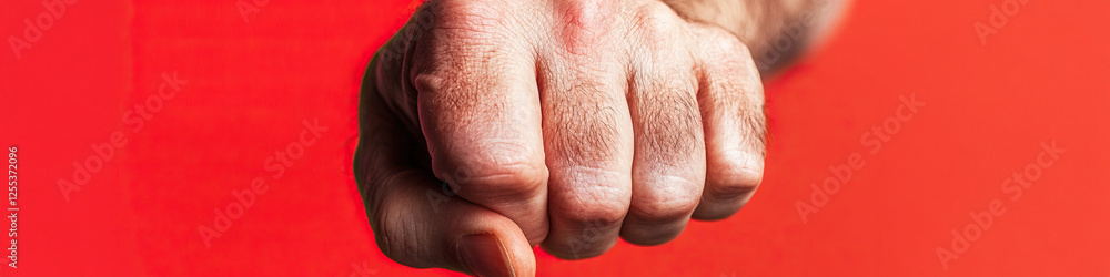 Fototapeta premium Close-up of a Male Fist Against Red Background