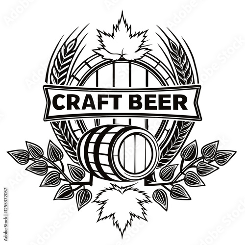 Monochrome vector logo featuring a wooden barrel, hops, wheat, and a maple leaf, creating a vintage, rustic aesthetic ideal for breweries and pubs