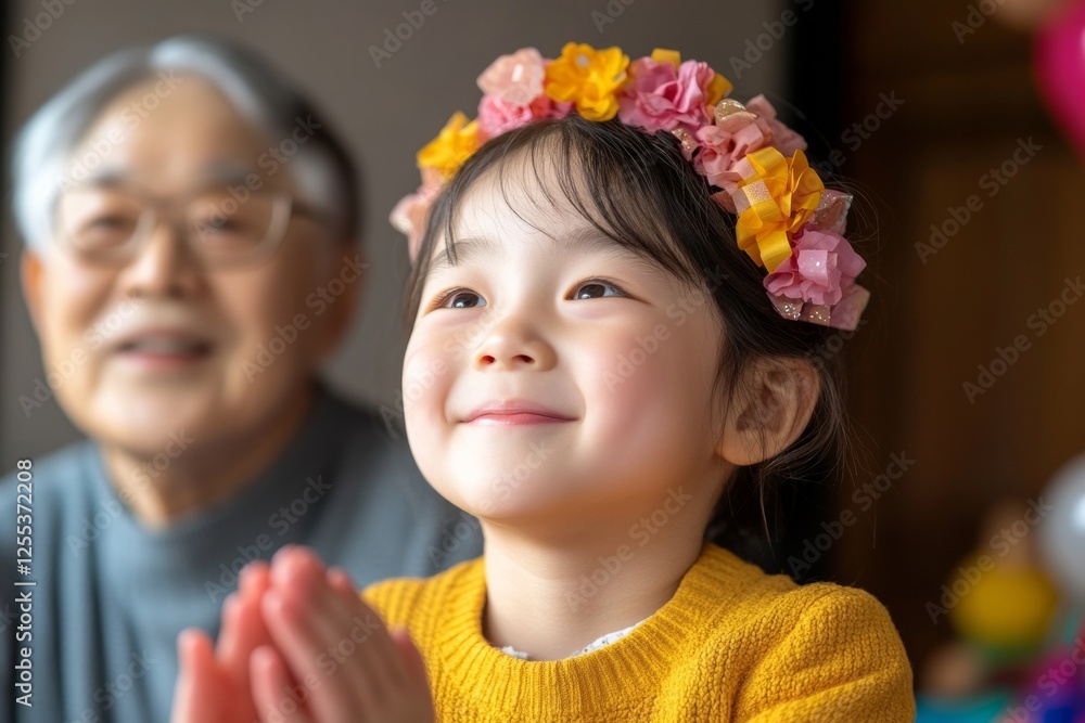 Warm Home Gatherings in Modern Tech Joyful Korean Family with Grandchild Sharing Birthday via Video Call - Interactive Communication and Digital Connectivity Solutions