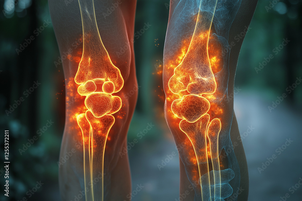 An educational medical infographic comparing a healthy joint with an arthritic joint, highlighting stiffness, inflammation, and cartilage damage caused by rheumatoid arthritis. An educational medical infographic comparing a healthy joint with an arthritic joint, highlighting stiffness, inflammation, and cartilage damage caused by rheumatoid arthritis.